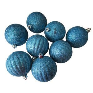 Shatterproof Sky Blue Glitter Ornaments Smooth Ribbed Eight GUC